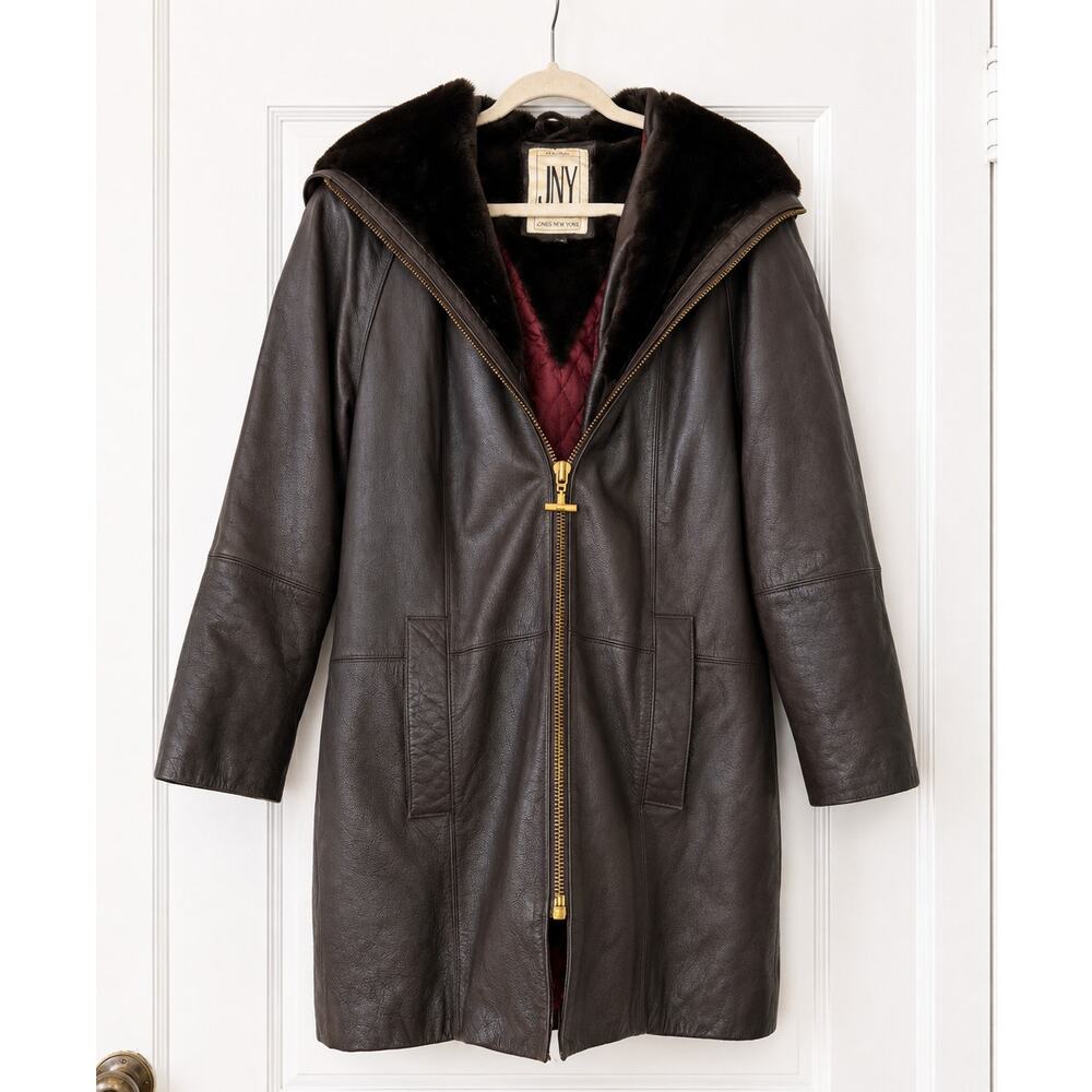 Vintage Jones JNY New York Brown Genuine Leather Hooded Coat Women’s S Faux Fur